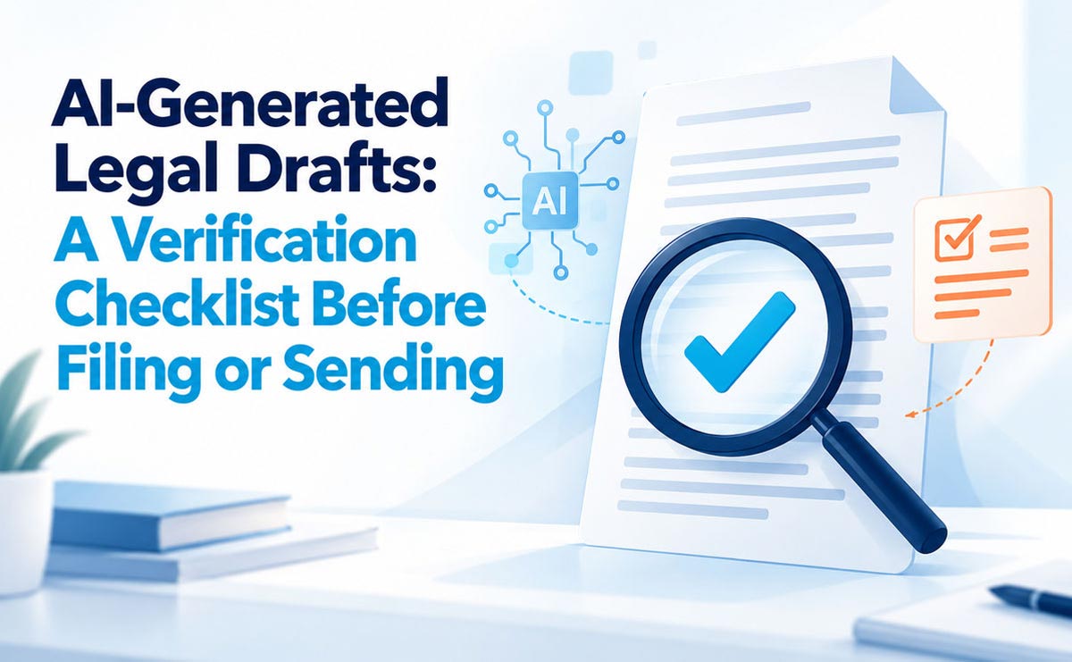 ai-generated-legal-drafts AI-generated legal draft reviewed with a magnifying glass and checkmark before filing or sending.
