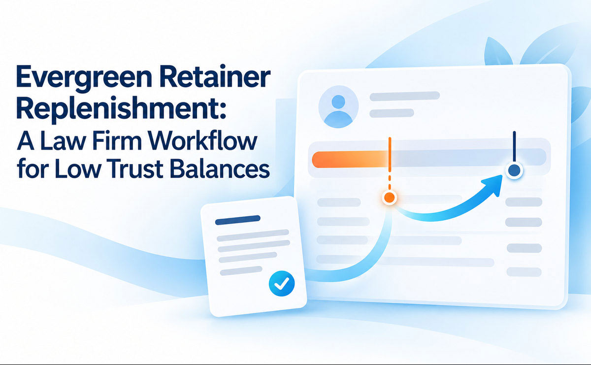 evergreen-retainer-replenishment Evergreen retainer replenishment illustration with a low trust balance marker, a top-up arrow, and a reviewed request.
