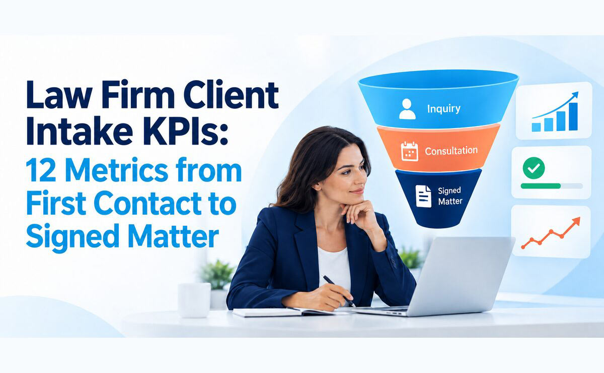 law-firm-client-intake-kpis-featured-image Legal professional reviewing a funnel and dashboard for law firm client intake KPIs.