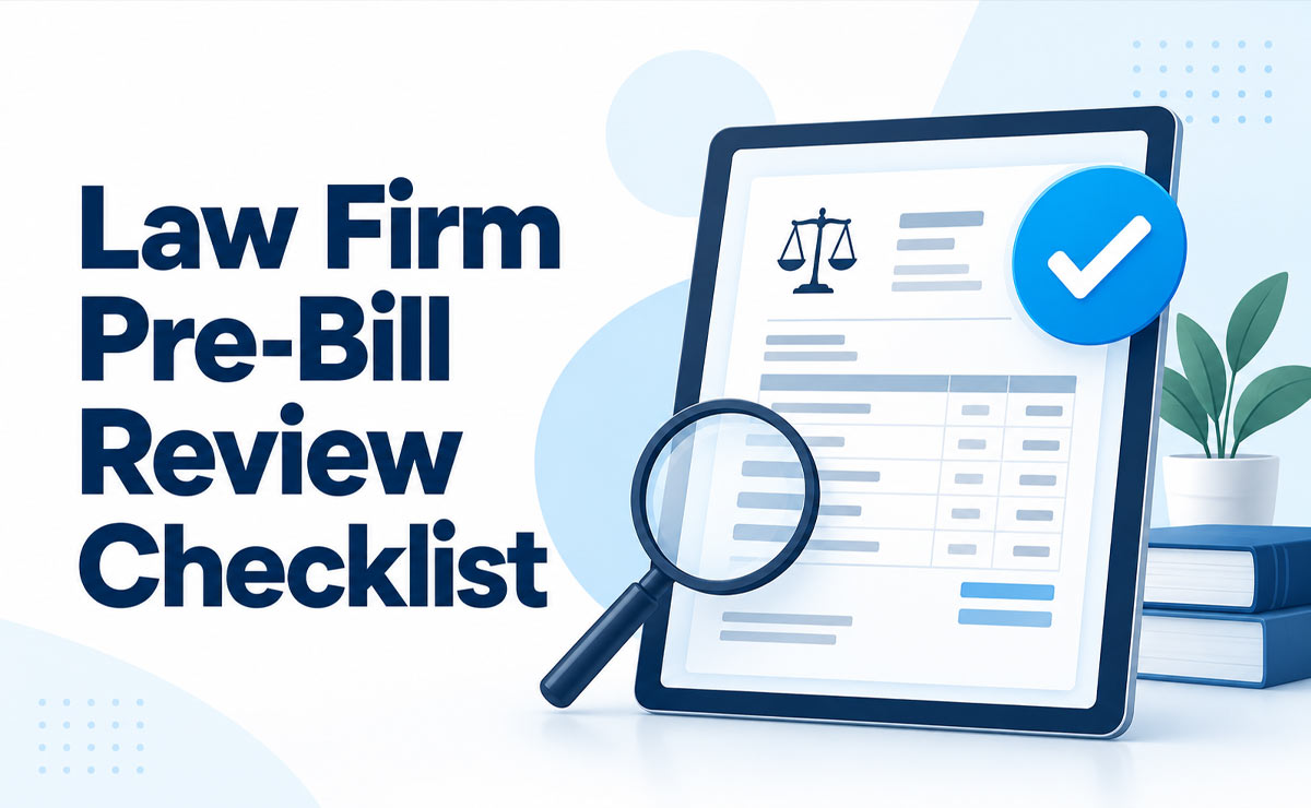 law-firm-pre-bill-review-featured-image Law firm pre-bill review checklist beside a digital invoice, magnifying glass, and approval checkmark.