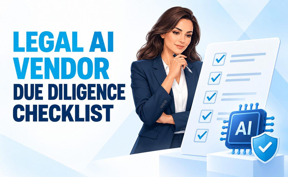 legal-ai-vendor-due-diligence-checklist-featured-image Legal professional reviewing a legal AI vendor due diligence checklist beside a secure AI system.