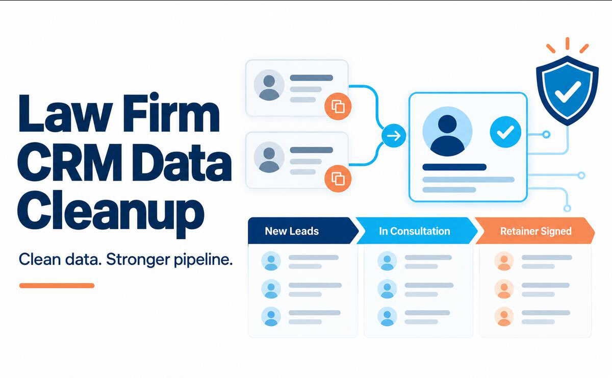 Law-Firm-CRM-law-firm-crm-data-cleanup Law firm CRM data cleanup dashboard merging duplicate contacts and organizing stale leads into a clean pipeline.