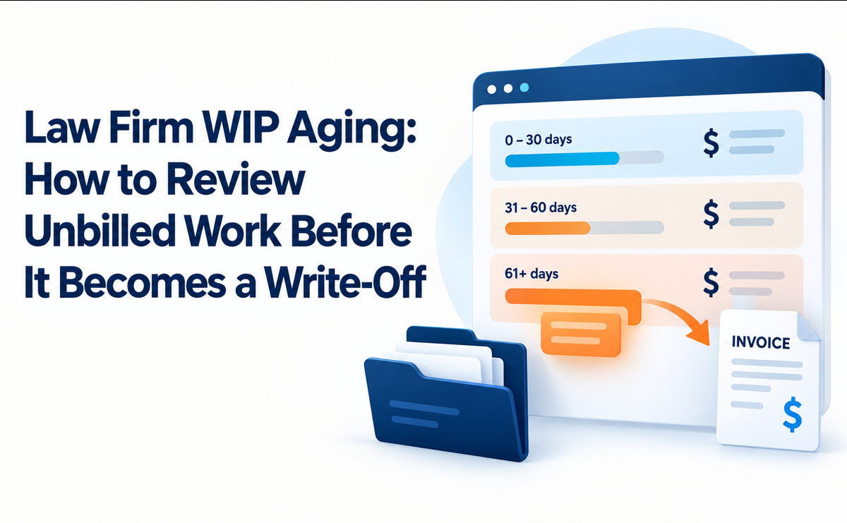 Illustration of a law firm WIP aging dashboard with three age bands and an unbilled item moving toward an invoice.