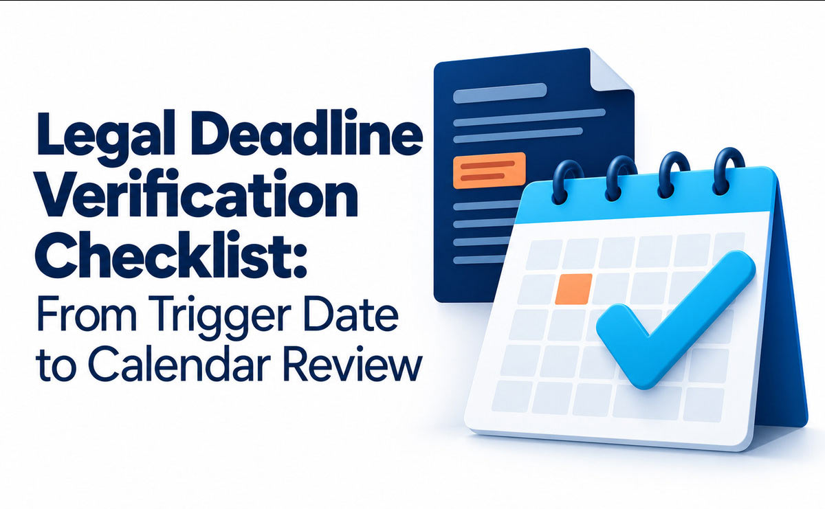 legal-deadline-verification-checklist Legal deadline verification checklist title beside a calendar with a cyan checkmark and a source document.
