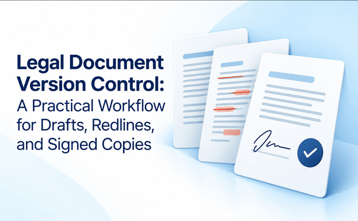Legal document version control illustrated by draft, redline, and signed document sheets beside the article title.