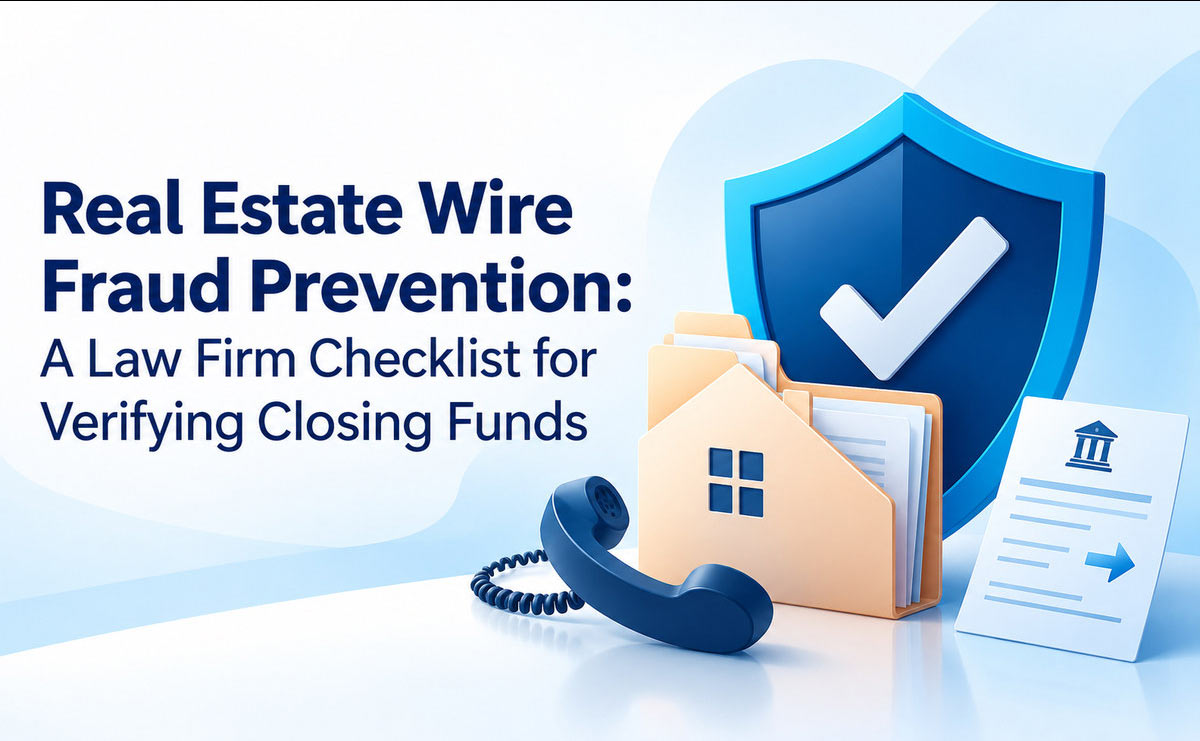 real-estate-wire-fraud-prevention Real estate wire fraud prevention illustrated by a shield, house-shaped closing folder, phone, and bank-transfer document beside the title.